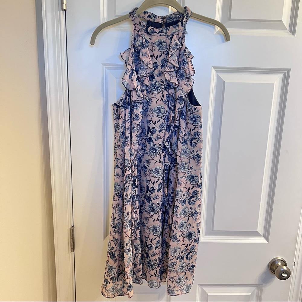 EUC BCBG sleeveless floral dress -pink and blue pattern w/ ruffles - size medium